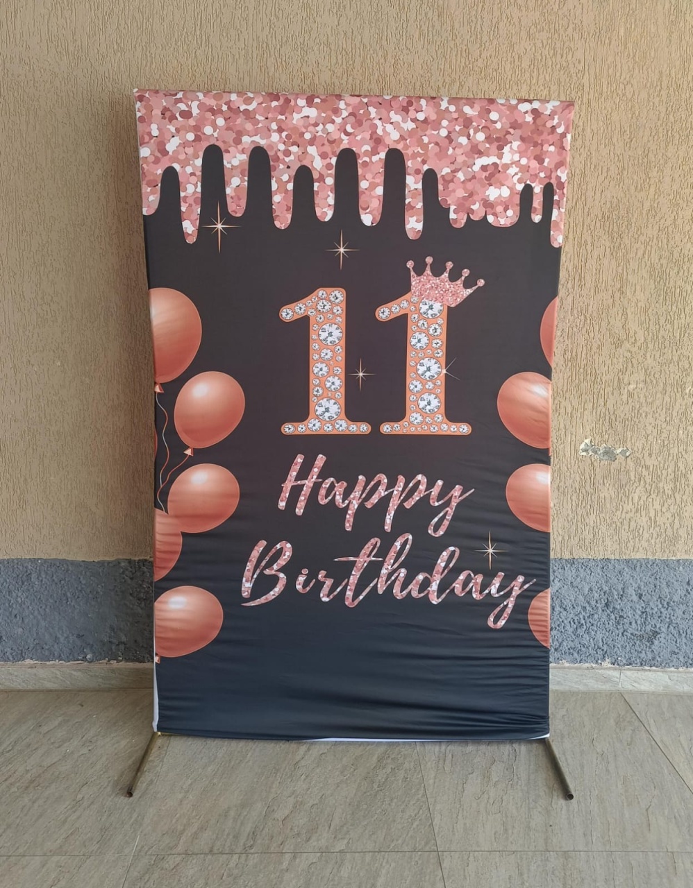 Estrutura+ Tecido Rosé/Preto/Glitter 11 Anos Happy Birthday - DECORANDO SONHOS