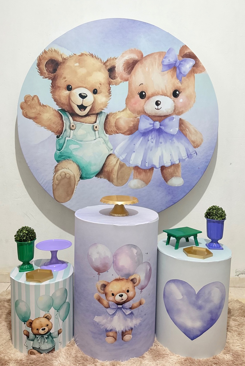 Chá de Bebê Ursos Verde E Lilás - Kit Básico  - Ana Monteart Decor
