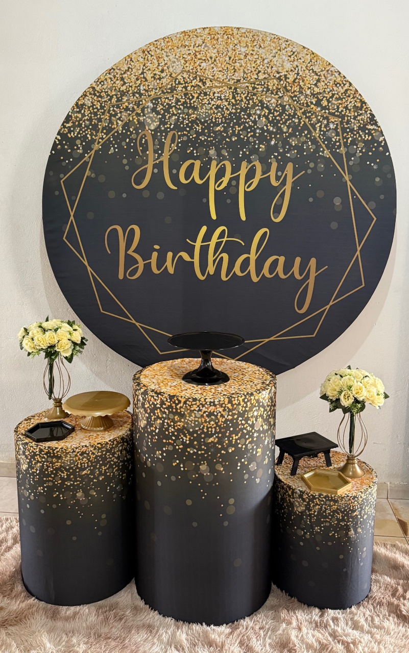 Happy Birthday Dourado E Preto- Kit Básico  - Ana Monteart Decor