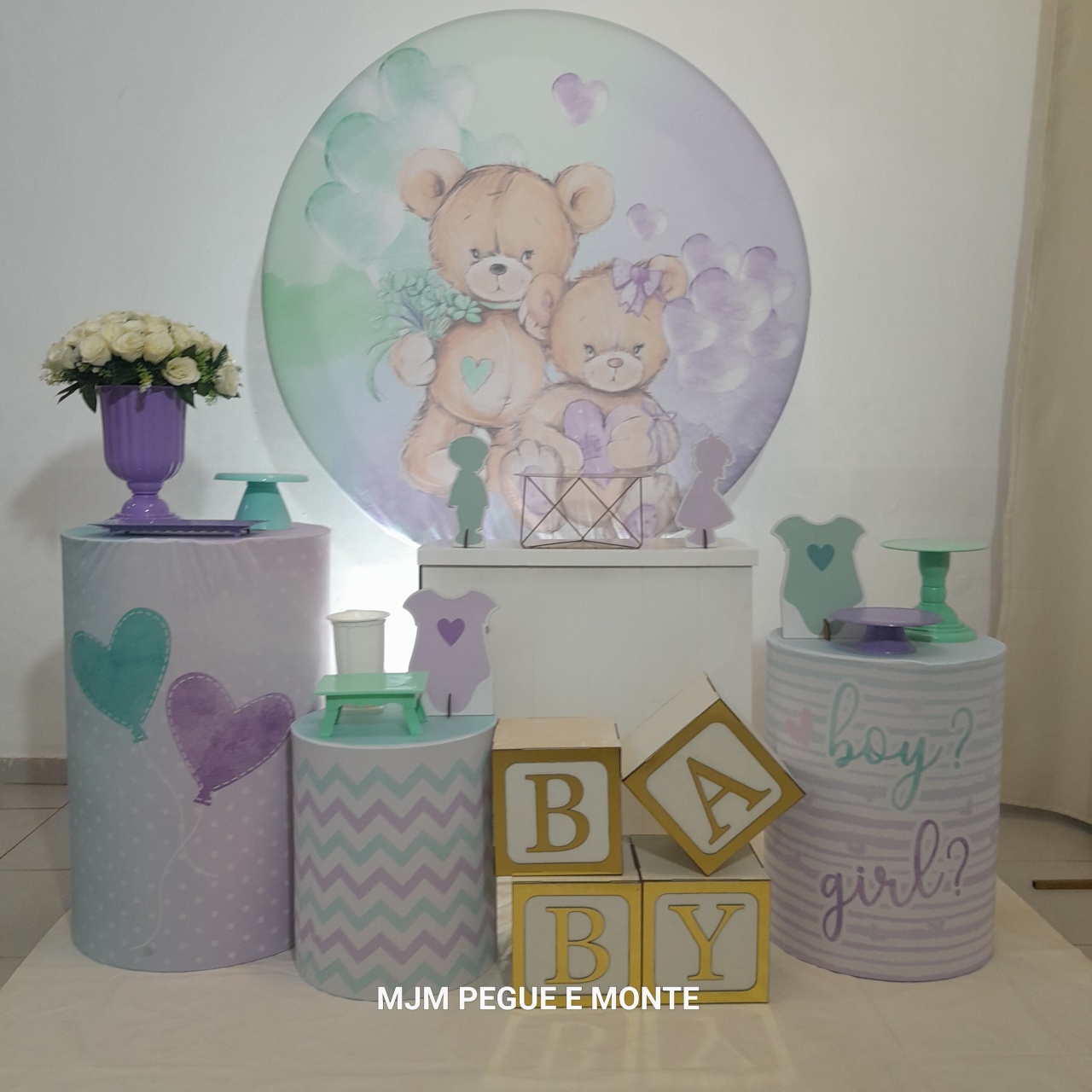 Kit Pérola Revelação Ursinho Lilas E Verde - MJM PEGUE E MONTE