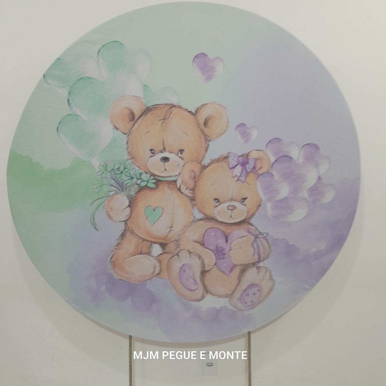 Capa Painel Redondo Cha Revelação Urso Lilas E Verde - MJM PEGUE E MONTE