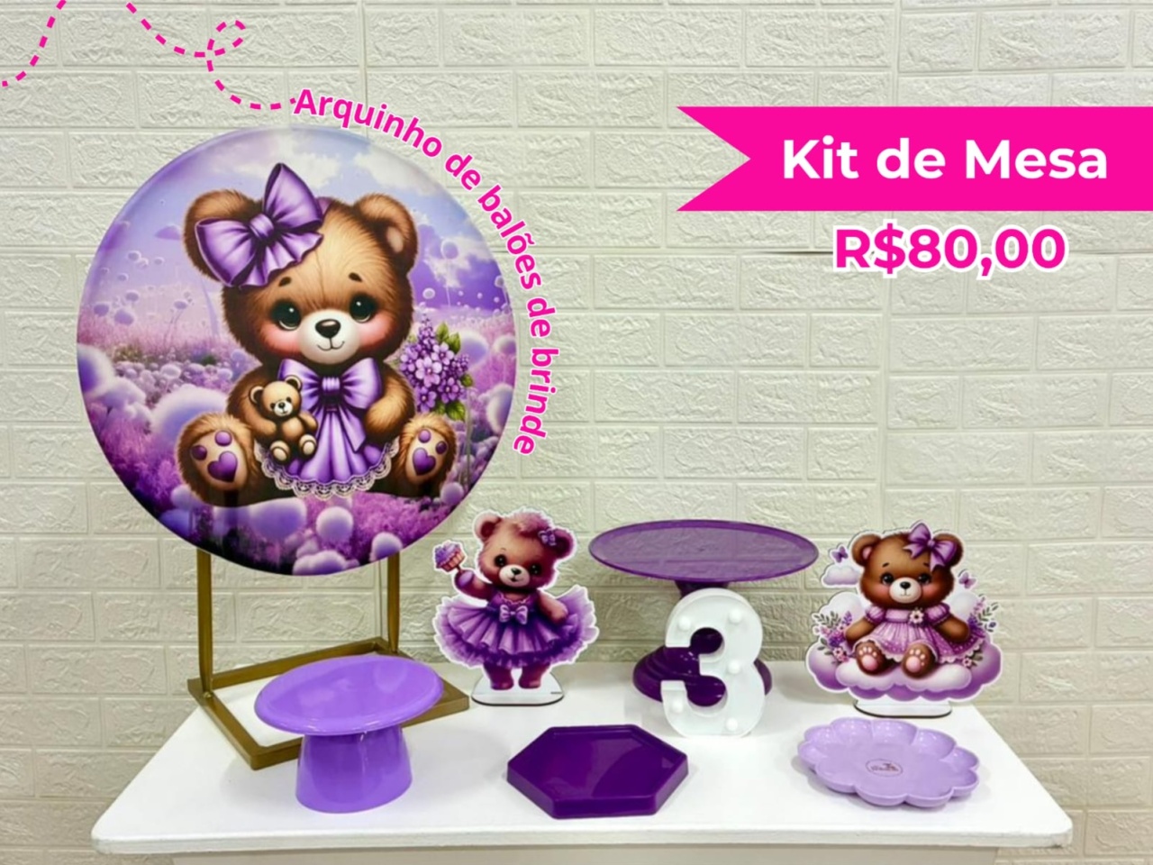Kit de Mesa Ursinha Lilás  - Creare Decorações 