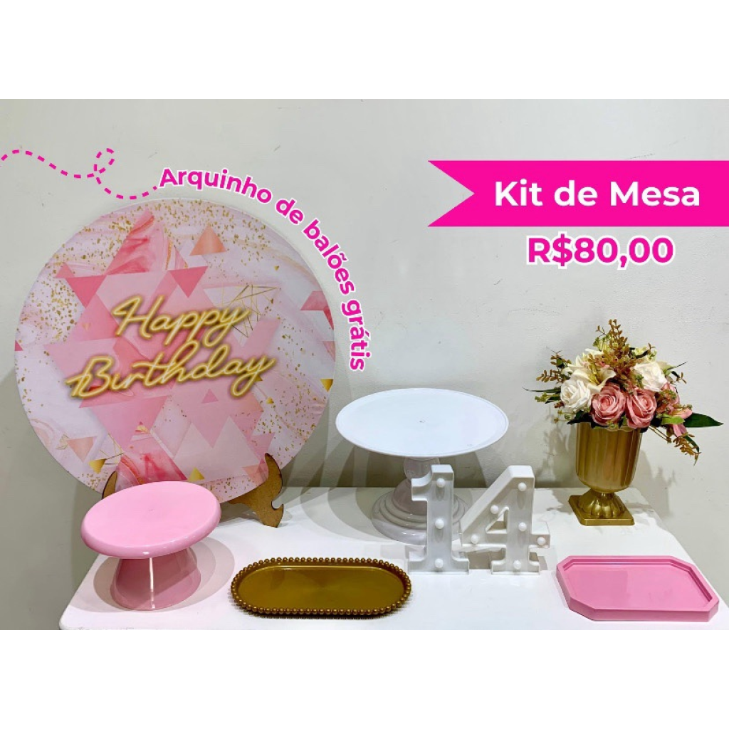 Kit de Mesa Happy Birthday Rosa E Branco - Creare Decorações 