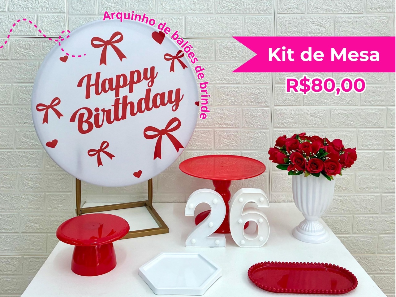 Kit de Mesa Happy Birthday Laços Vermelho - Creare Decorações 