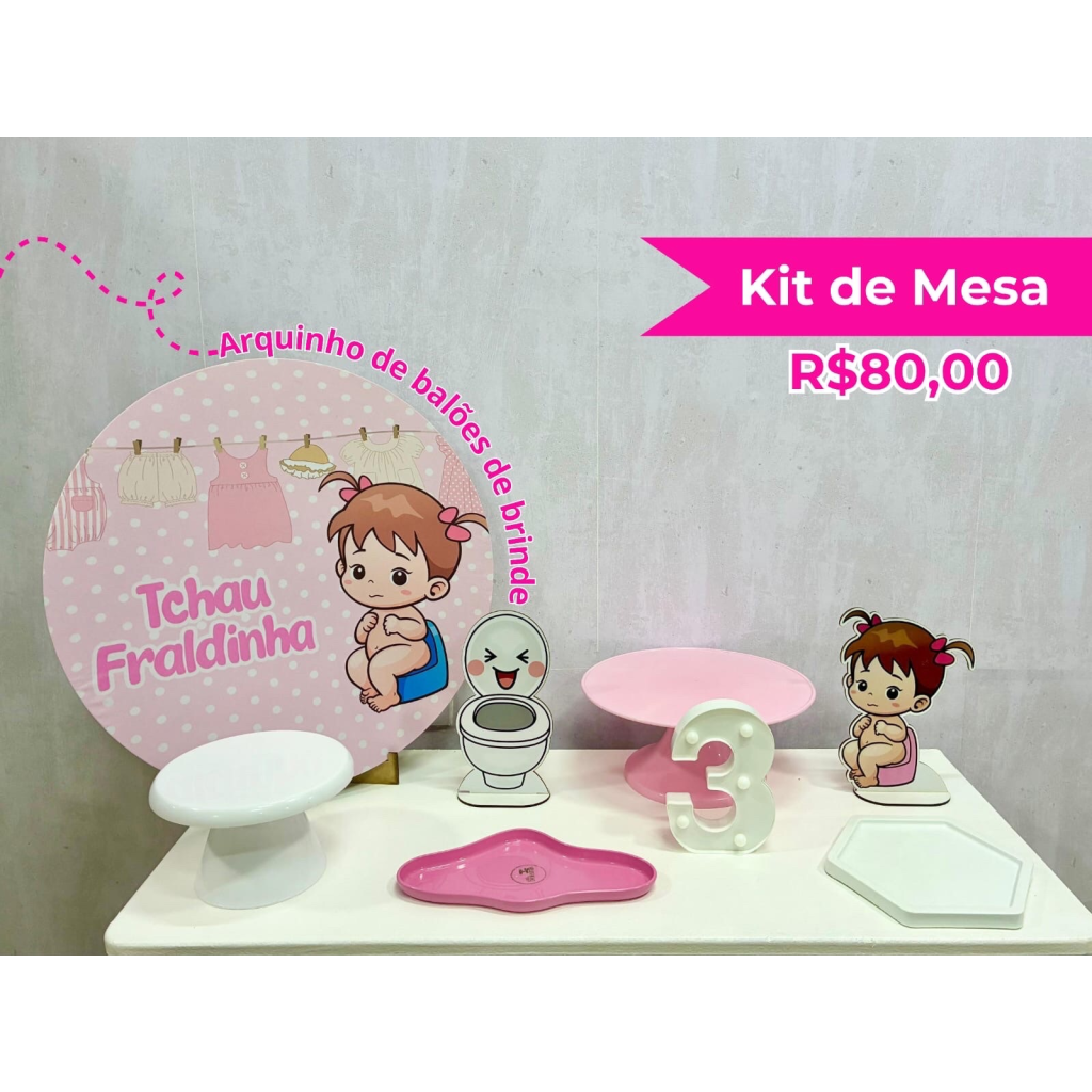 Kit de Mesa Tchau Fraldinha Rosa - Creare Decorações 