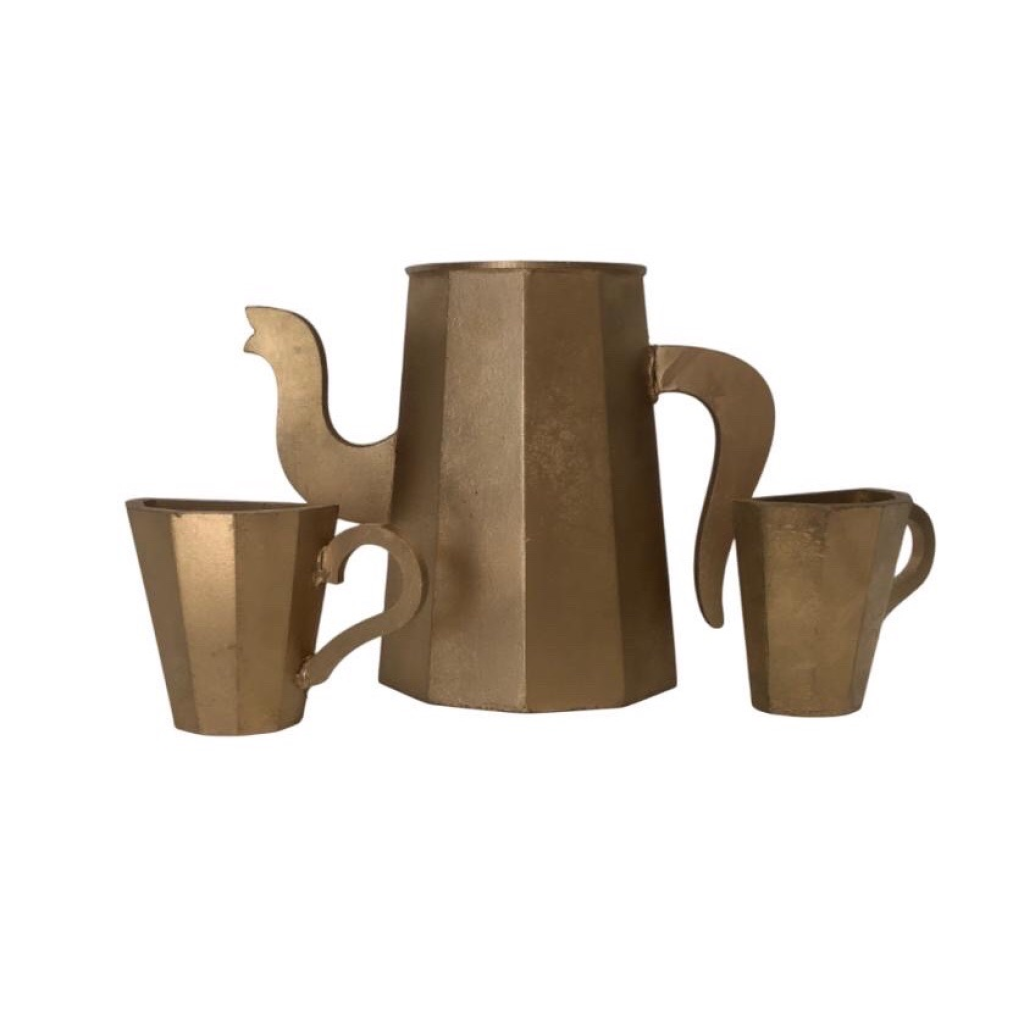 Bule + 2 Xícaras Mdf Dourado - Creare Decorações 