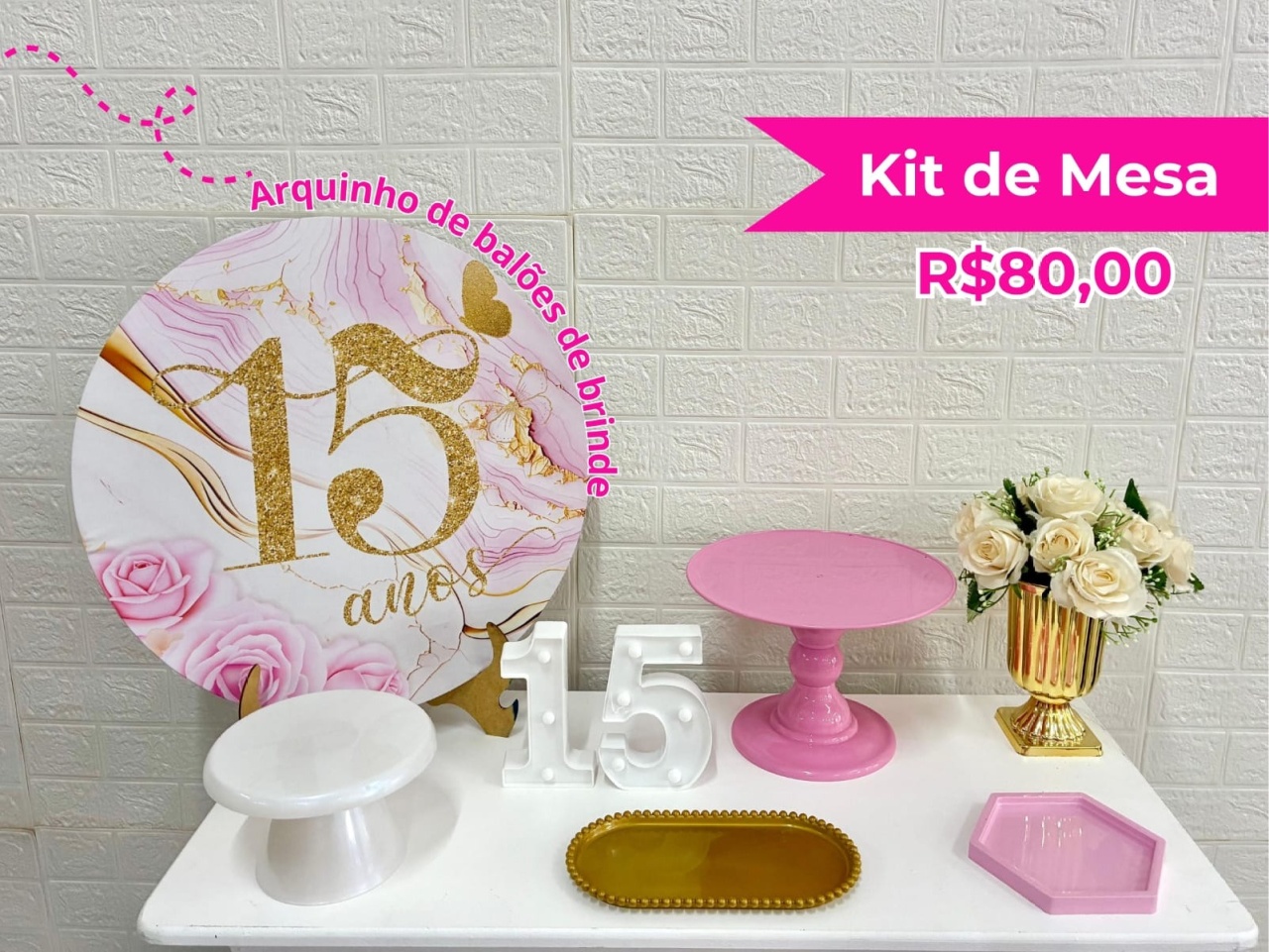Kit de Mesa 15 Anos Rosa E Dourado - Creare Decorações 