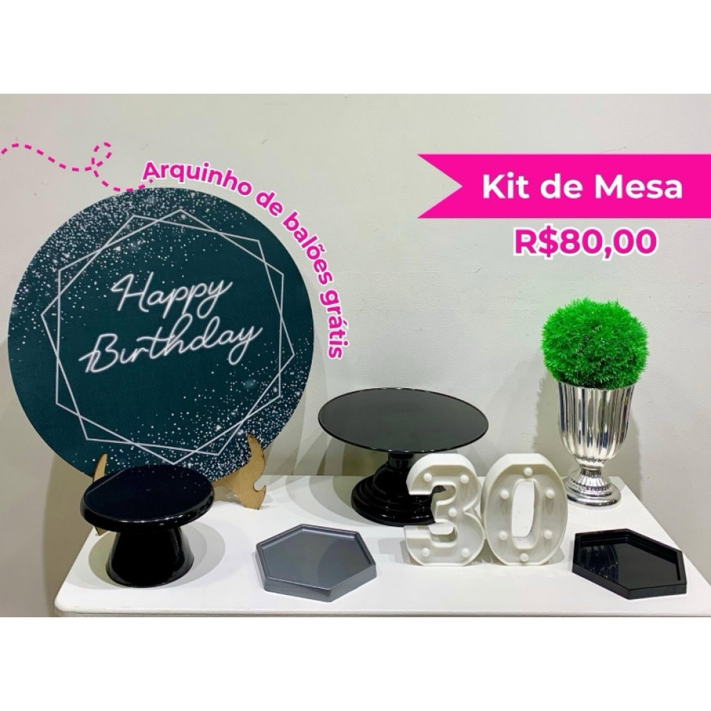 Kit de Mesa Happy Birthday Preto E Prata - Creare Decorações 