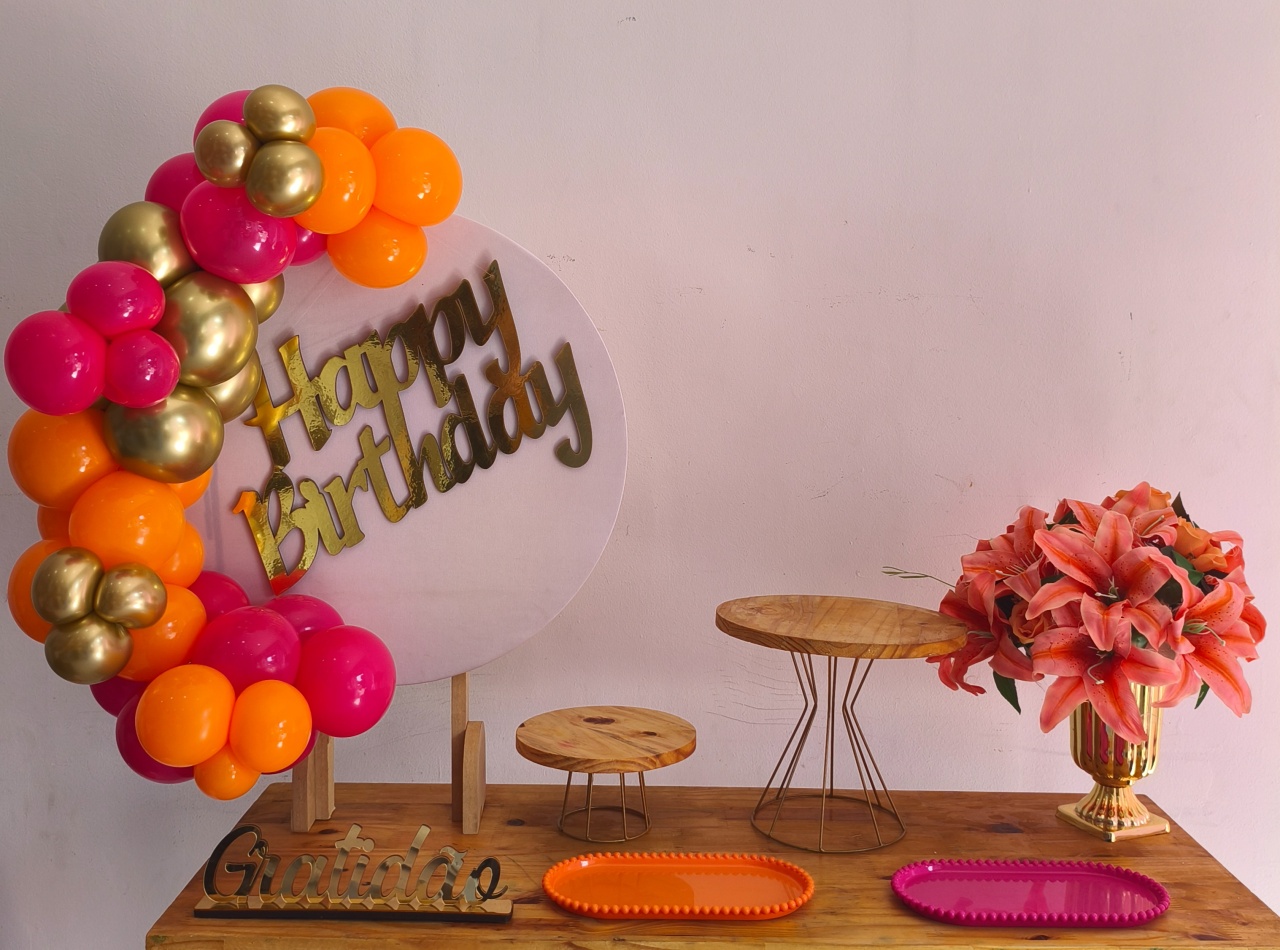 Mini Cenário Happy Birthday Laranja E Pink  - Thefest
