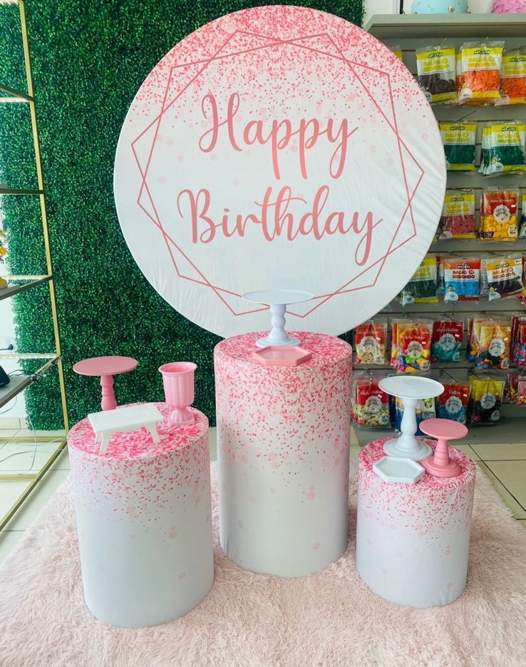 Happy Birthday Branco|Rosa Glitter - Mouse Atelie das Festas