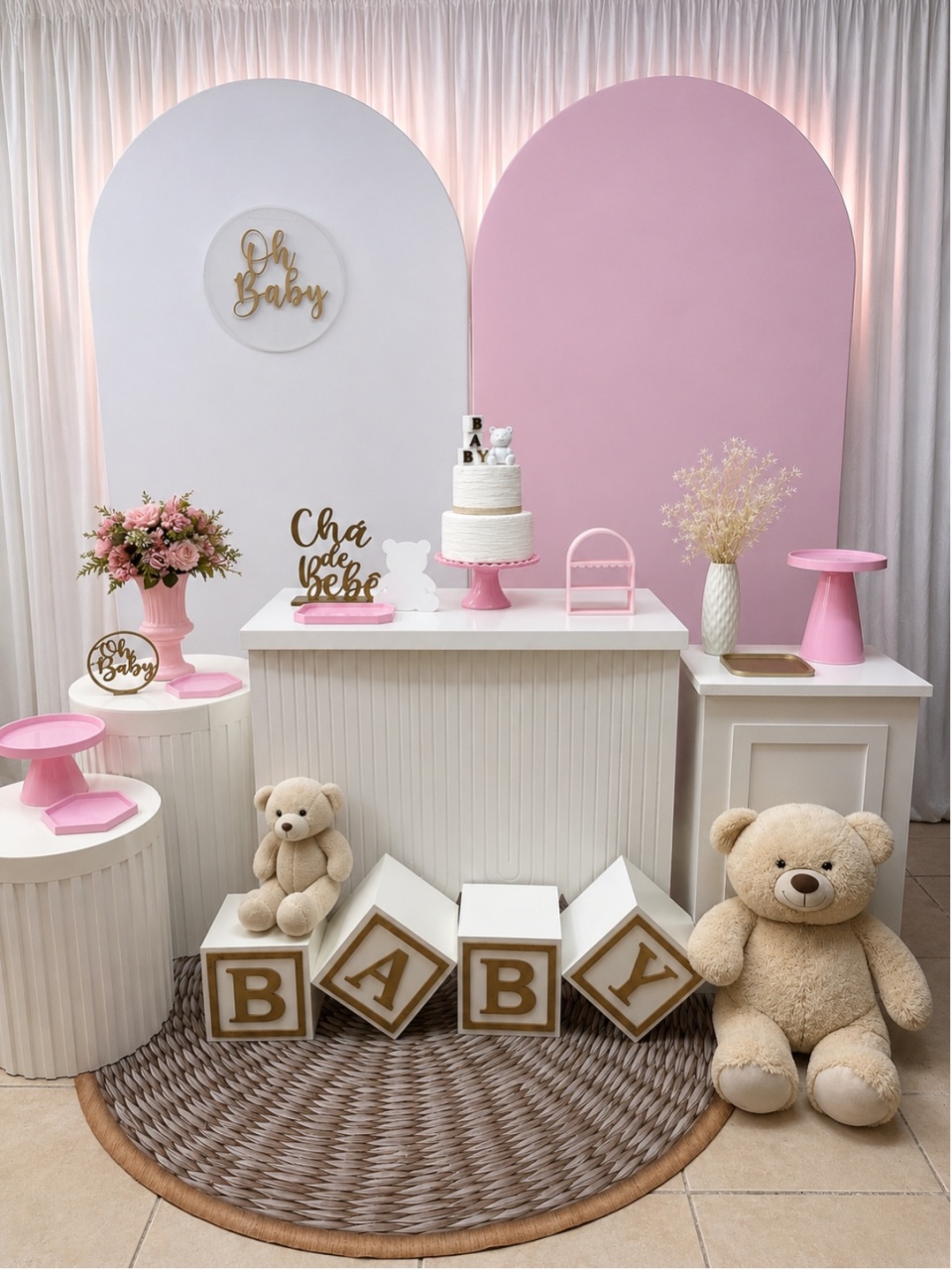 Chá de Bebê Menina Rosa E Branco - Happy Day Decorações