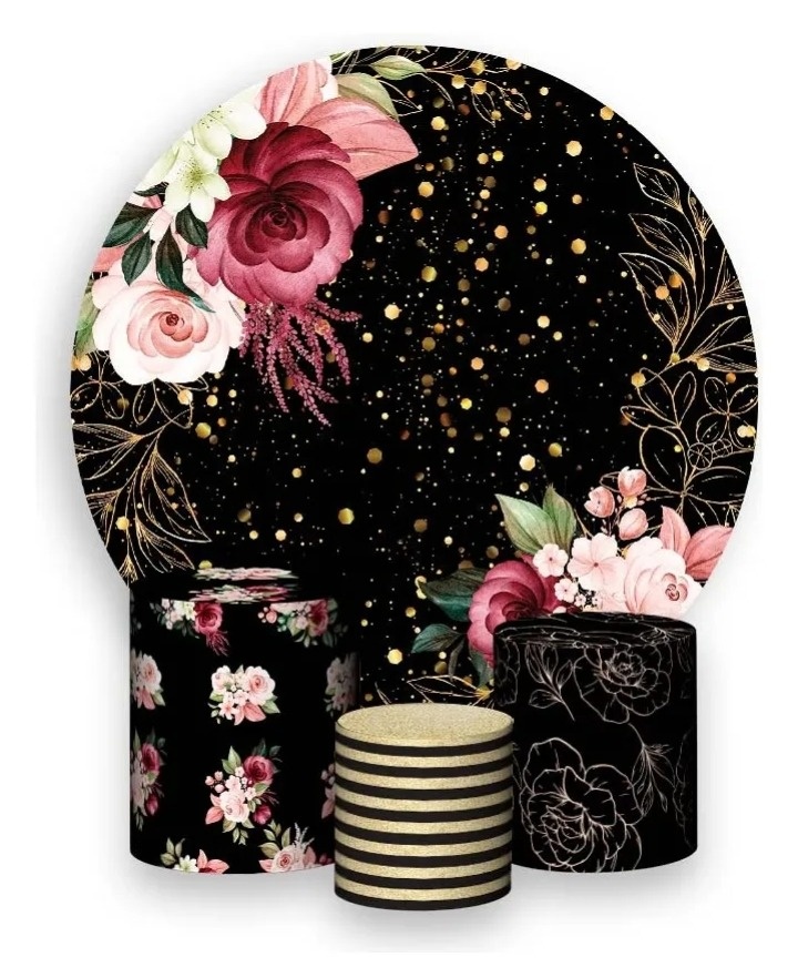 Painel+Capas de Cilindros  Floral Preto Com Rosa  - jessica jardin dos Reis