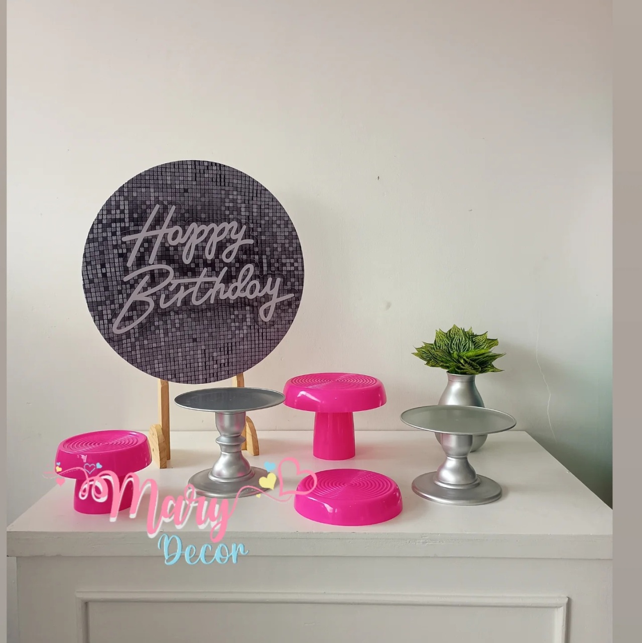 Mini Kit Happy Birthday Prata E Pink  - Mary Decor Festas & Locações