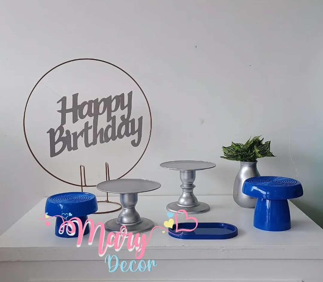 Mini Kit Happy Birthday Azul E Prata  - Mary Decor Festas & Locações