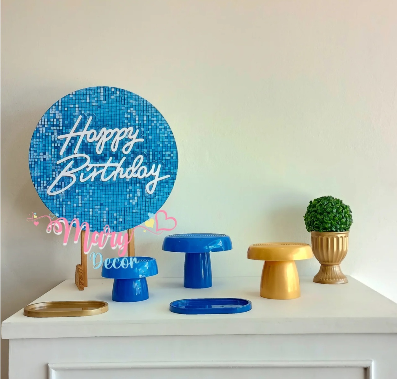 Mini Kit Happy Birthday Azul E Dourado  - Mary Decor Festas & Locações