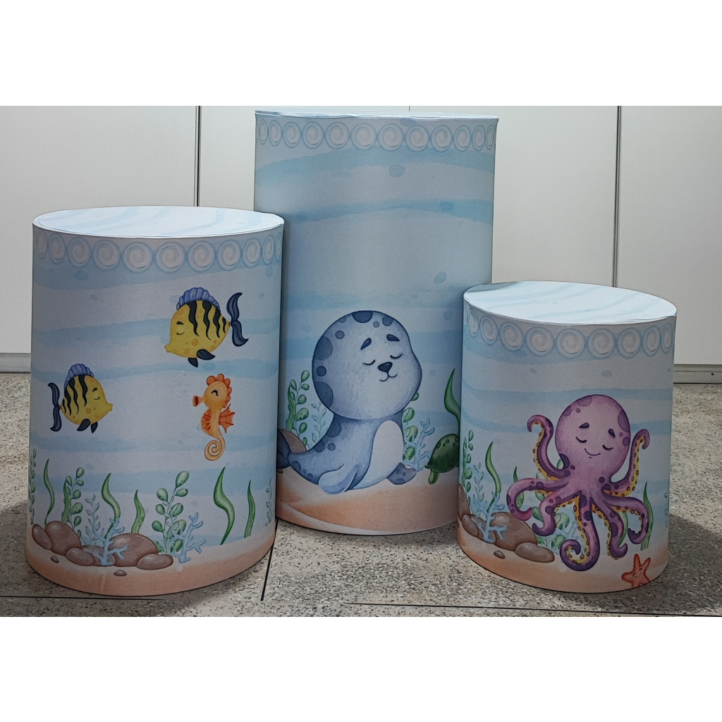 Trio de Capas Cilindros Fundo Do Mar - Mary Decor Festas & Locações