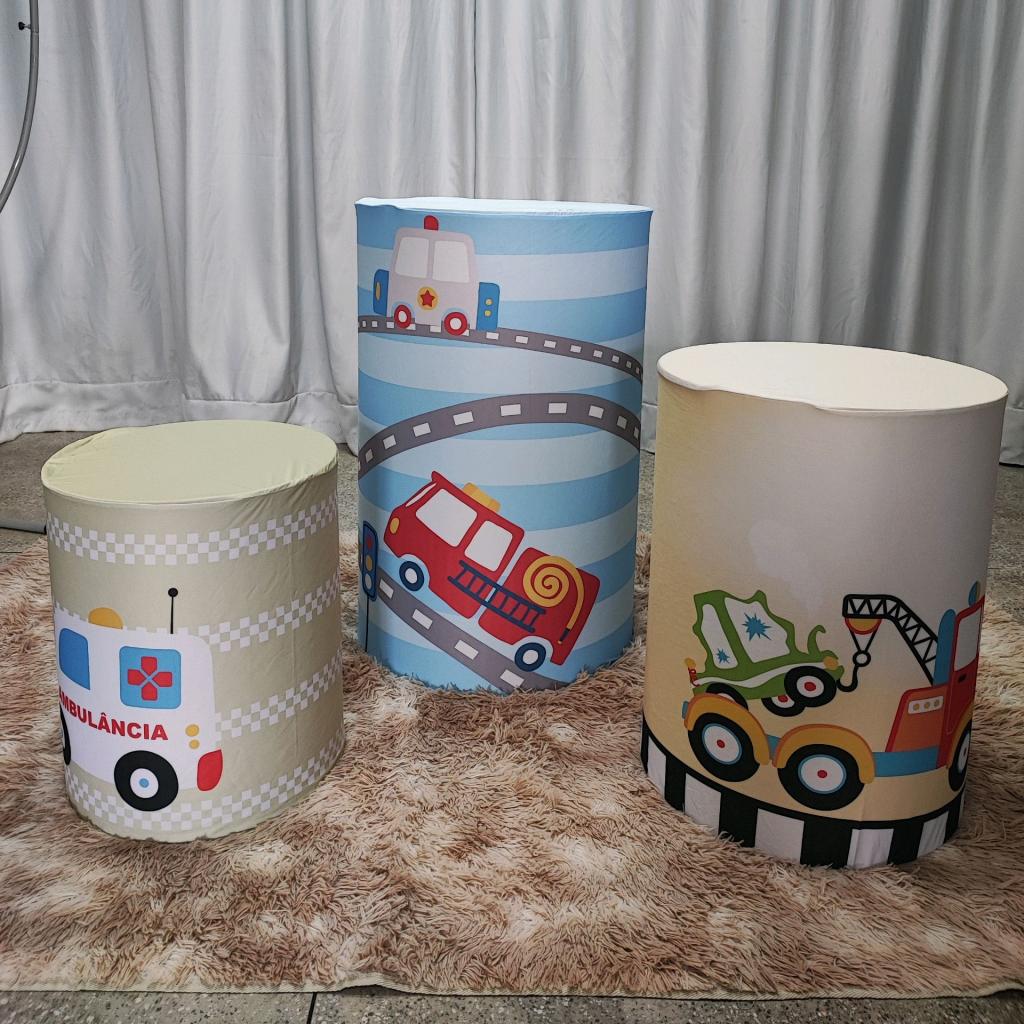 Trio de Capas Cilindro Meios de Trasporte Carros - Mary Decor Festas & Locações