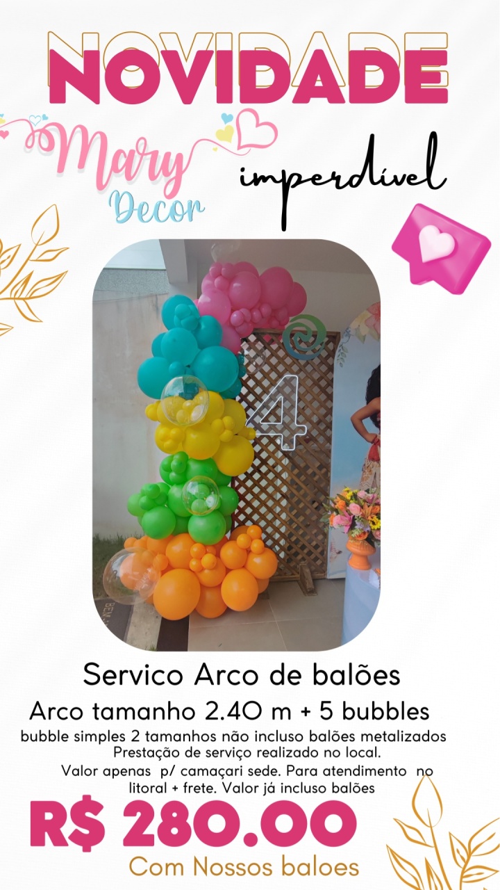 Arco de Balão Cores Lisas 2.40. Mt - Mary Decor Festas & Locações