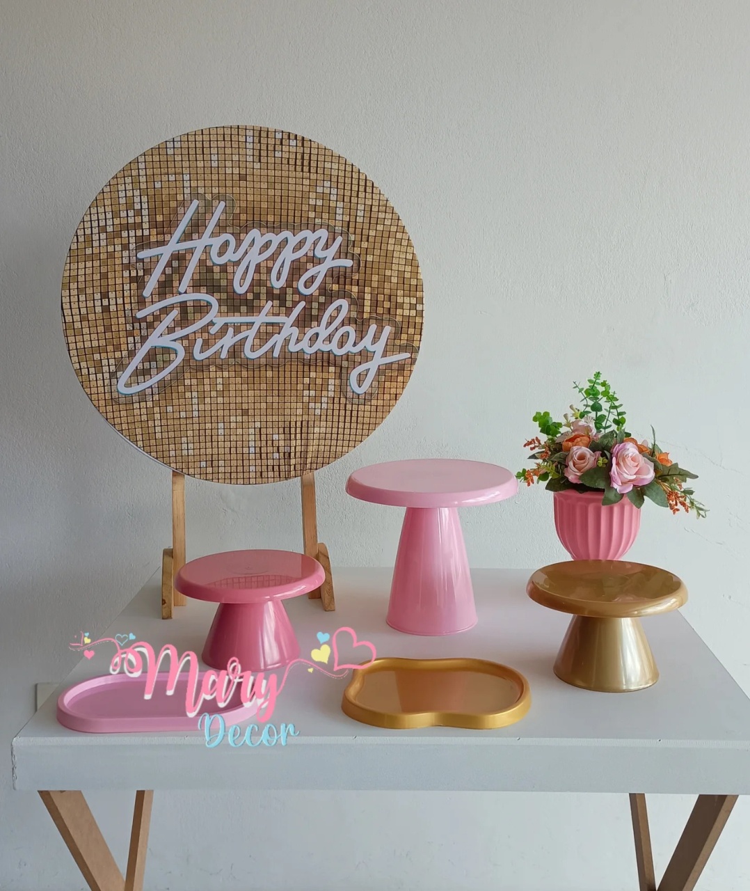 Mini Kit Happy Birthday Rosa E Dourado  - Mary Decor Festas & Locações