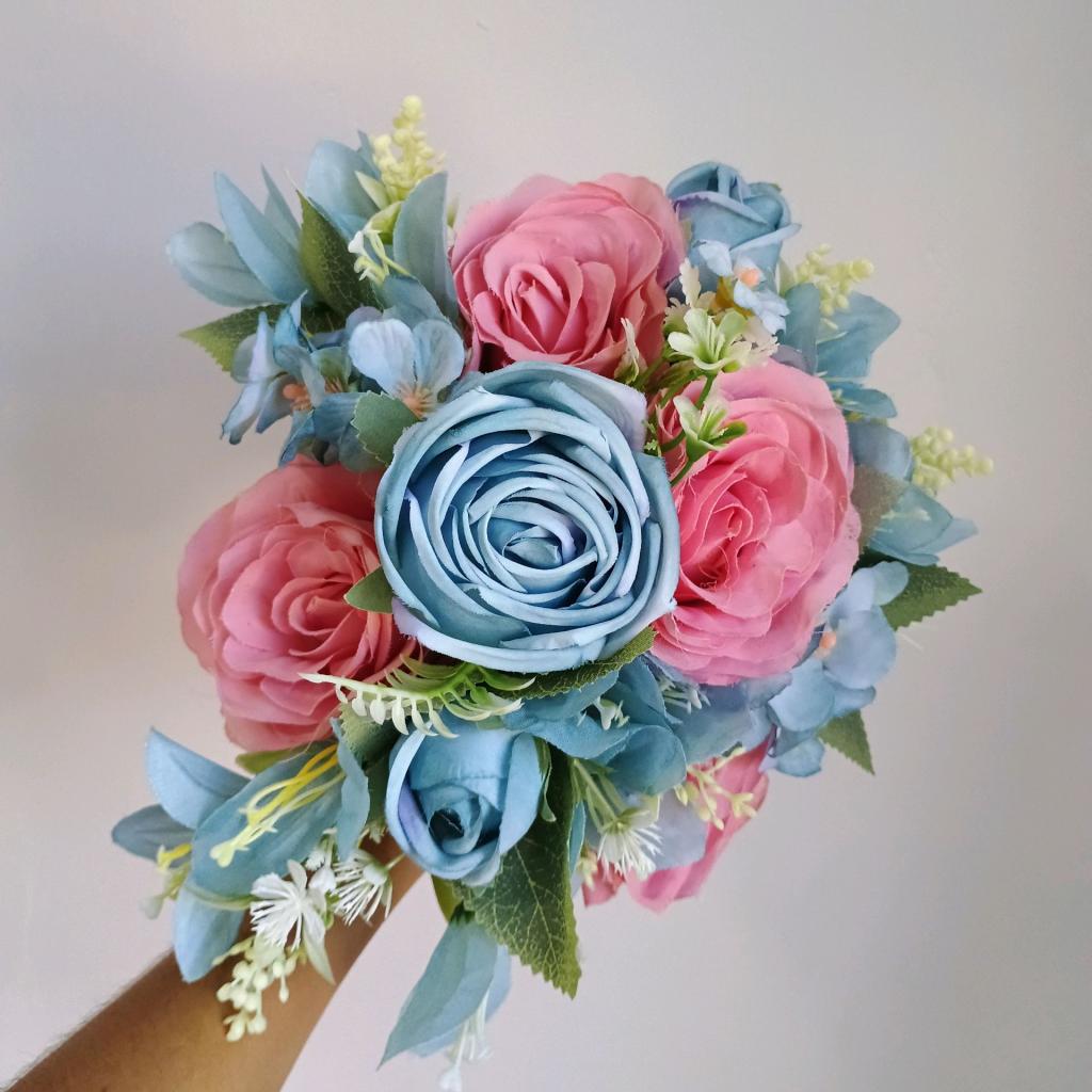 Arranjo Buquê Médio Rosa E Azul - Mary Decor Festas & Locações