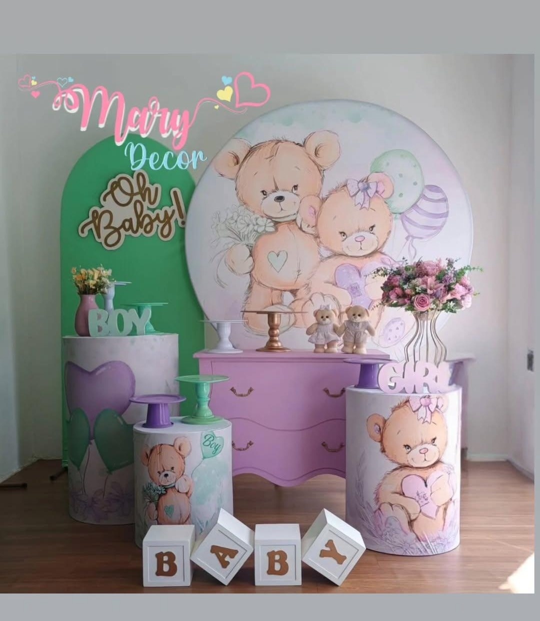 Chá Revelação Urso Verde E Lilas Kit Meu Chá Elegante - Mary Decor Festas & Locações