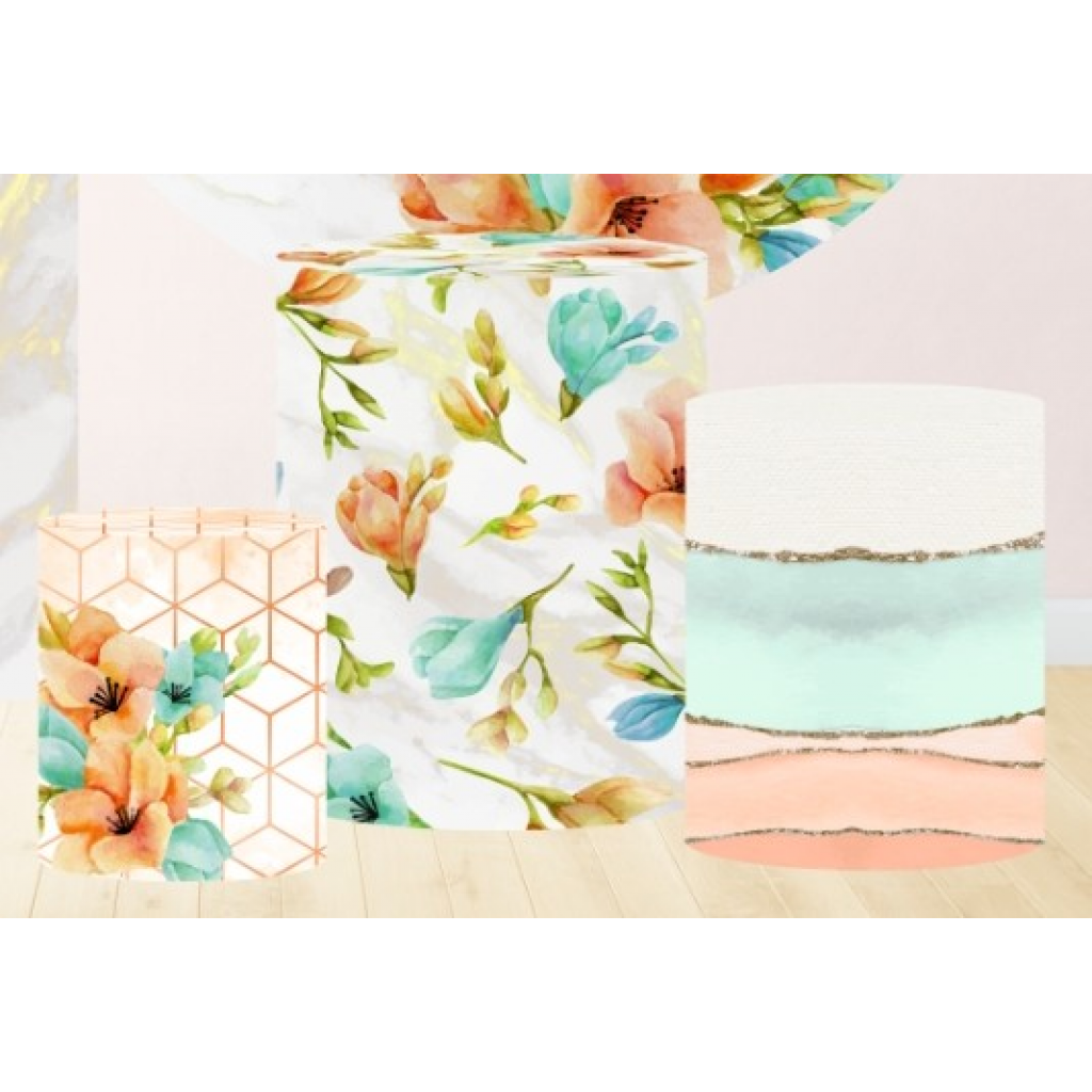 Capas de Cilindro Veste  Facil Floral Laranja E Dourado - Mary Decor Festas & Locações