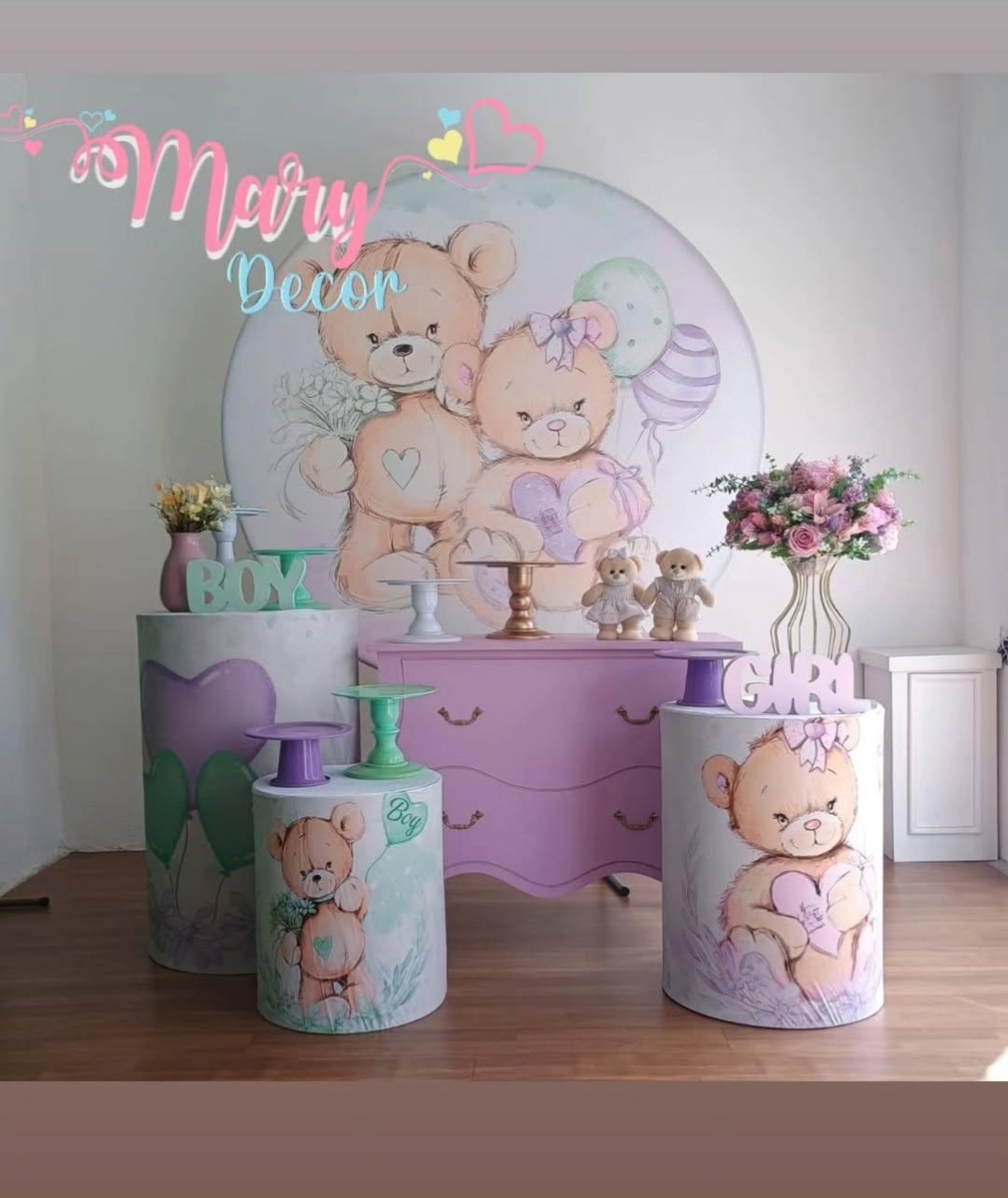 Chá Revelação Urso Verde E Lilas Kit Meu Chá  - Mary Decor Festas & Locações