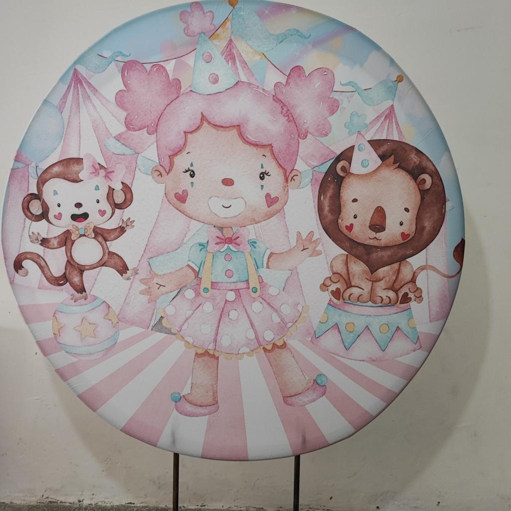 Painel Redondo Circo Rosa - Mary Decor Festas & Locações