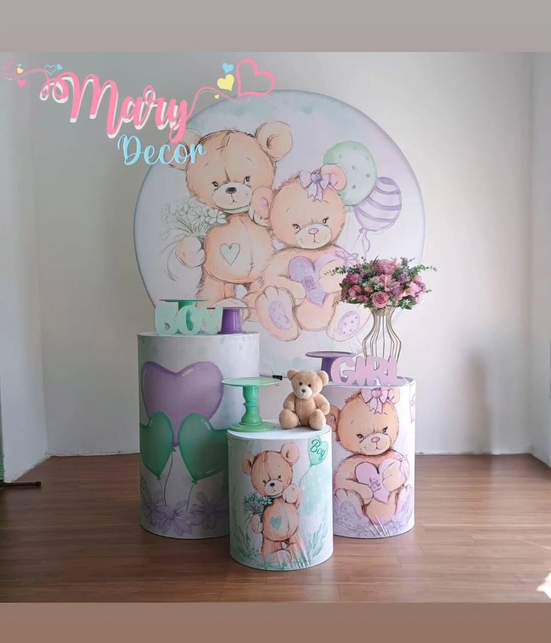 Chá Revelação Urso Verde E Lilas Kit Só Um Bolinho  - Mary Decor Festas & Locações
