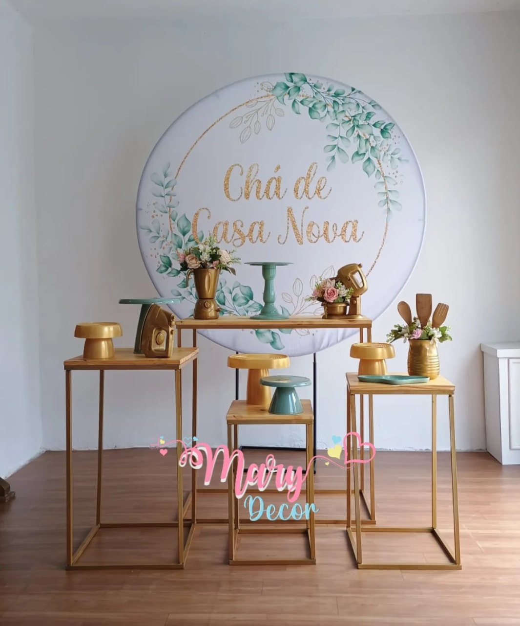   Chá de Casa Nova Verde Dourado Festa Em Casa Adulto  - Mary Decor Festas & Locações