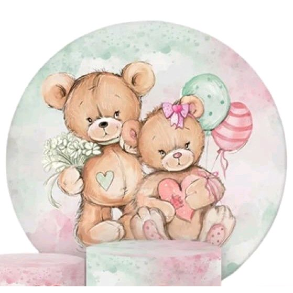 Capa Para Painel Redondo Urso Verde E Rosa - Mary Decor Festas & Locações