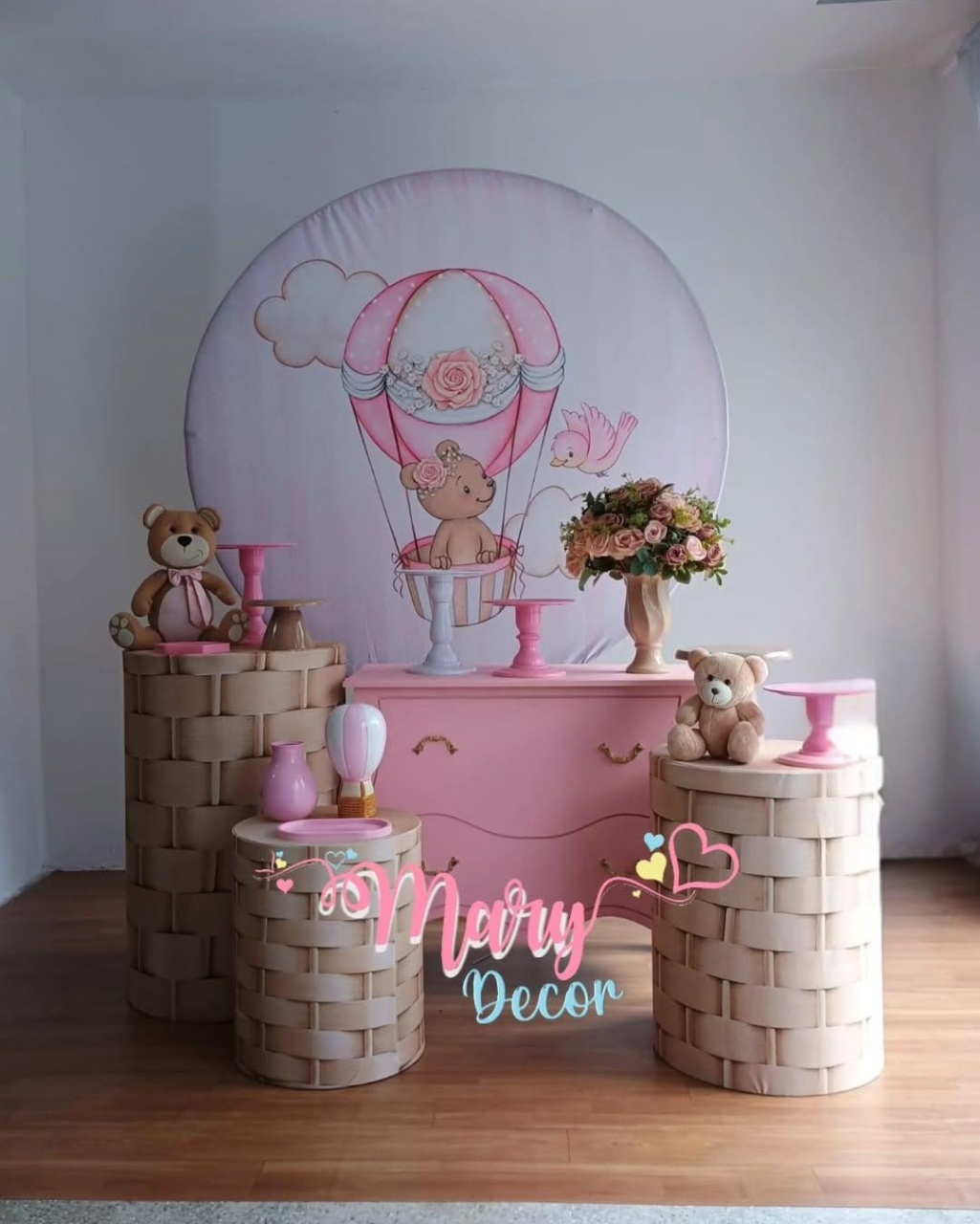  Ursa Baloeira Rosa Kit Cha de Bebe  Meu Chá  - Mary Decor Festas & Locações