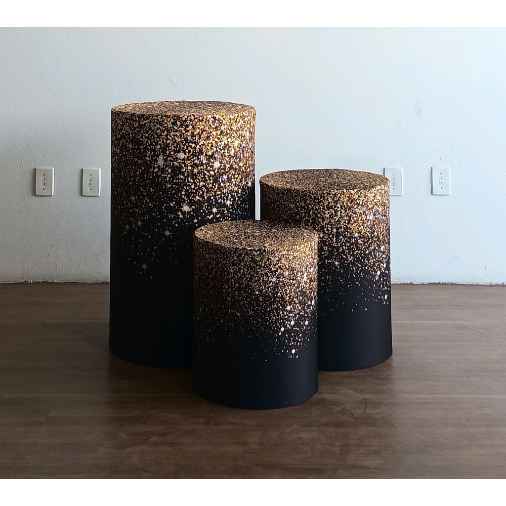 Trio de Capas Cilindros Gliter Dourado C/ Preto - Mary Decor Festas & Locações