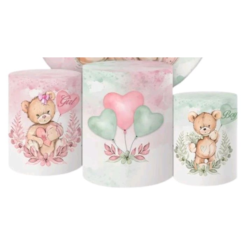 Trio de Capas Cilindros Urso Verde E Rosa - Mary Decor Festas & Locações