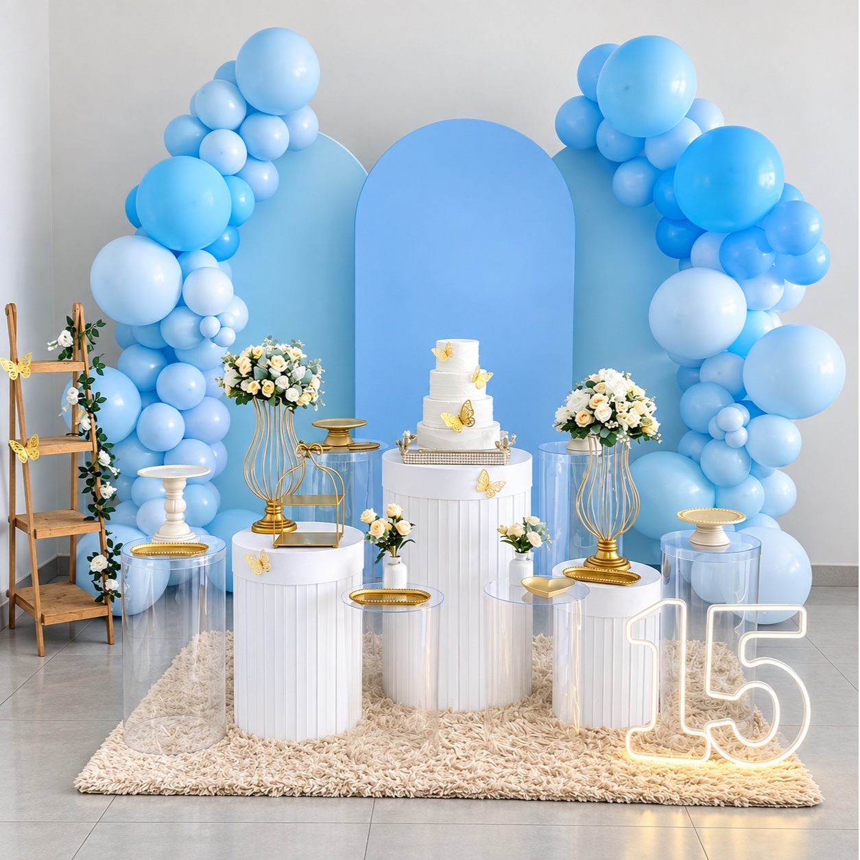 Kit 15 Anos Azul Com Balões, Leds E Bolo Fake - Maria Luiza Cardoso Barbosa