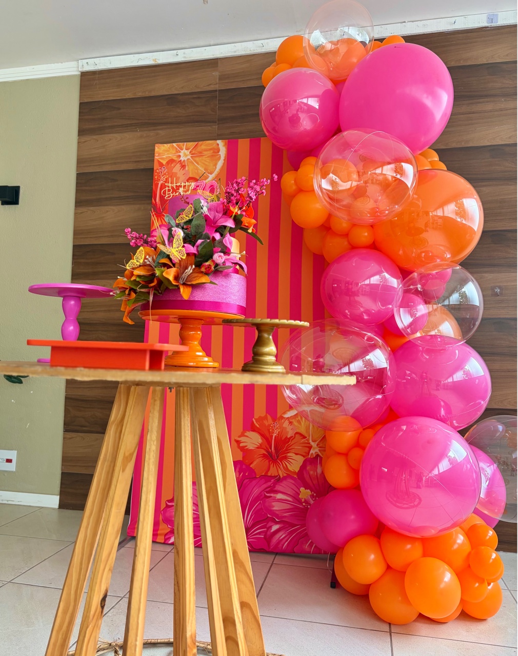 Decoração Com Balão - Tropical Laranja E Rosa - Me Pegue Monte