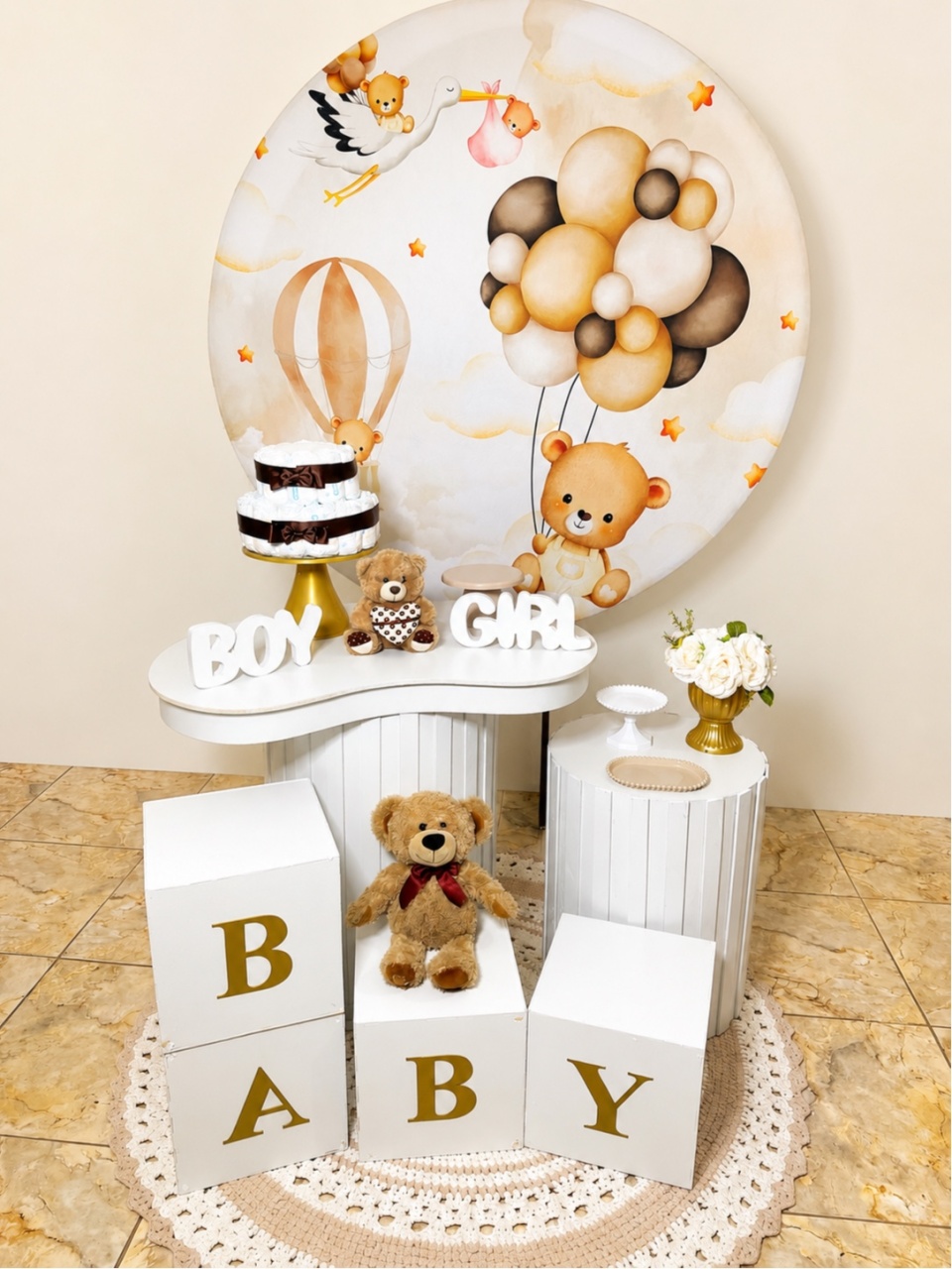 Alugue Pegue Monte Para Decoração de Festa Tema Cha Revelação Urso/Cegonha - Catálogo Digital Big Day 
