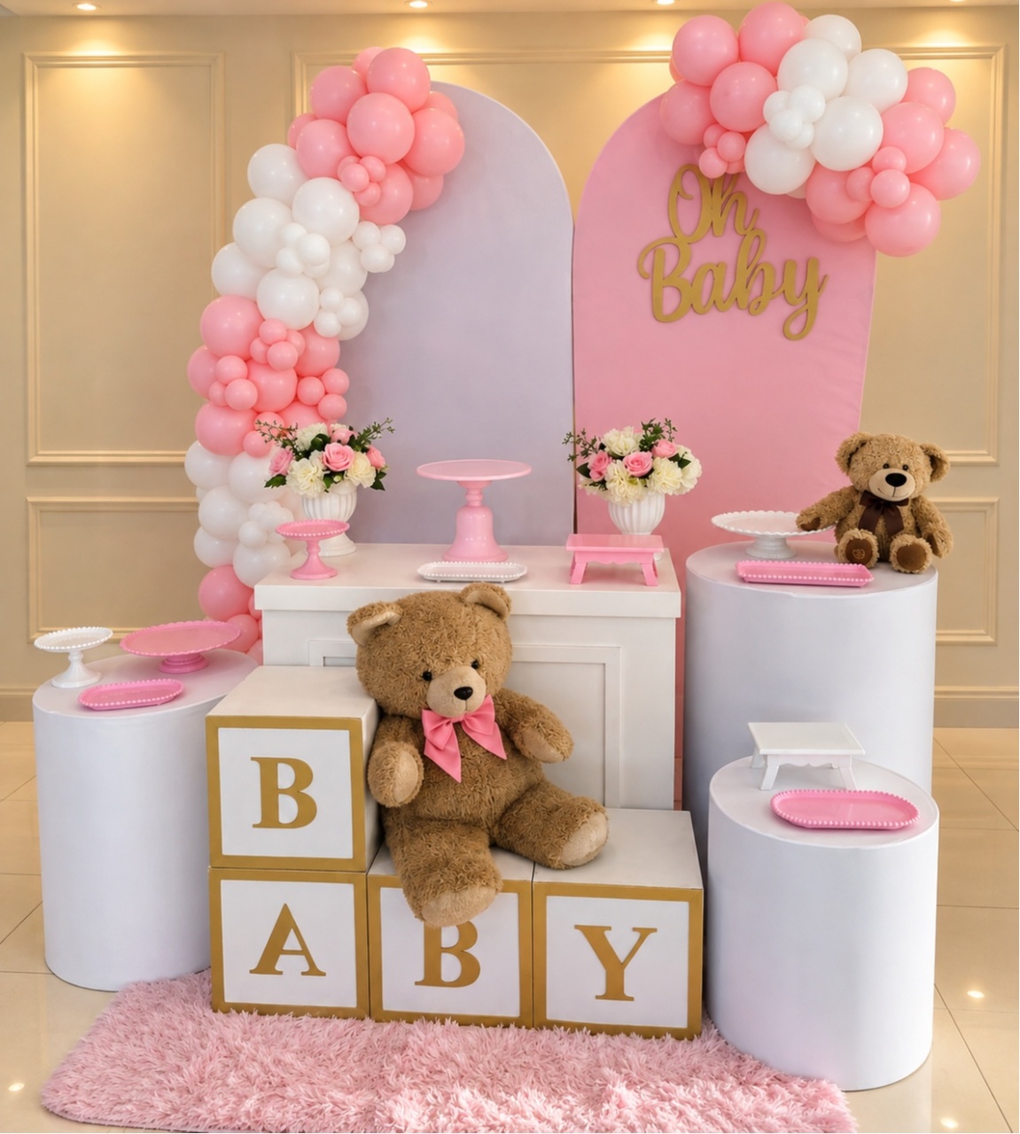 Alugue Pegue Monte Tema Para Festa Decoração  Chá de Bebe Menina Rosa E Branco - Catálogo Digital Big Day 