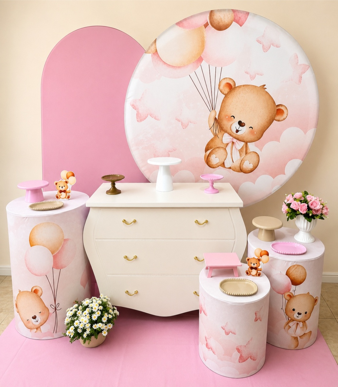 Alugue Pegue Monte Para Decoração de Festa Tema Chá de Bebe Ursinha Baloeira Rosa Luxo - Catálogo Digital Big Day 
