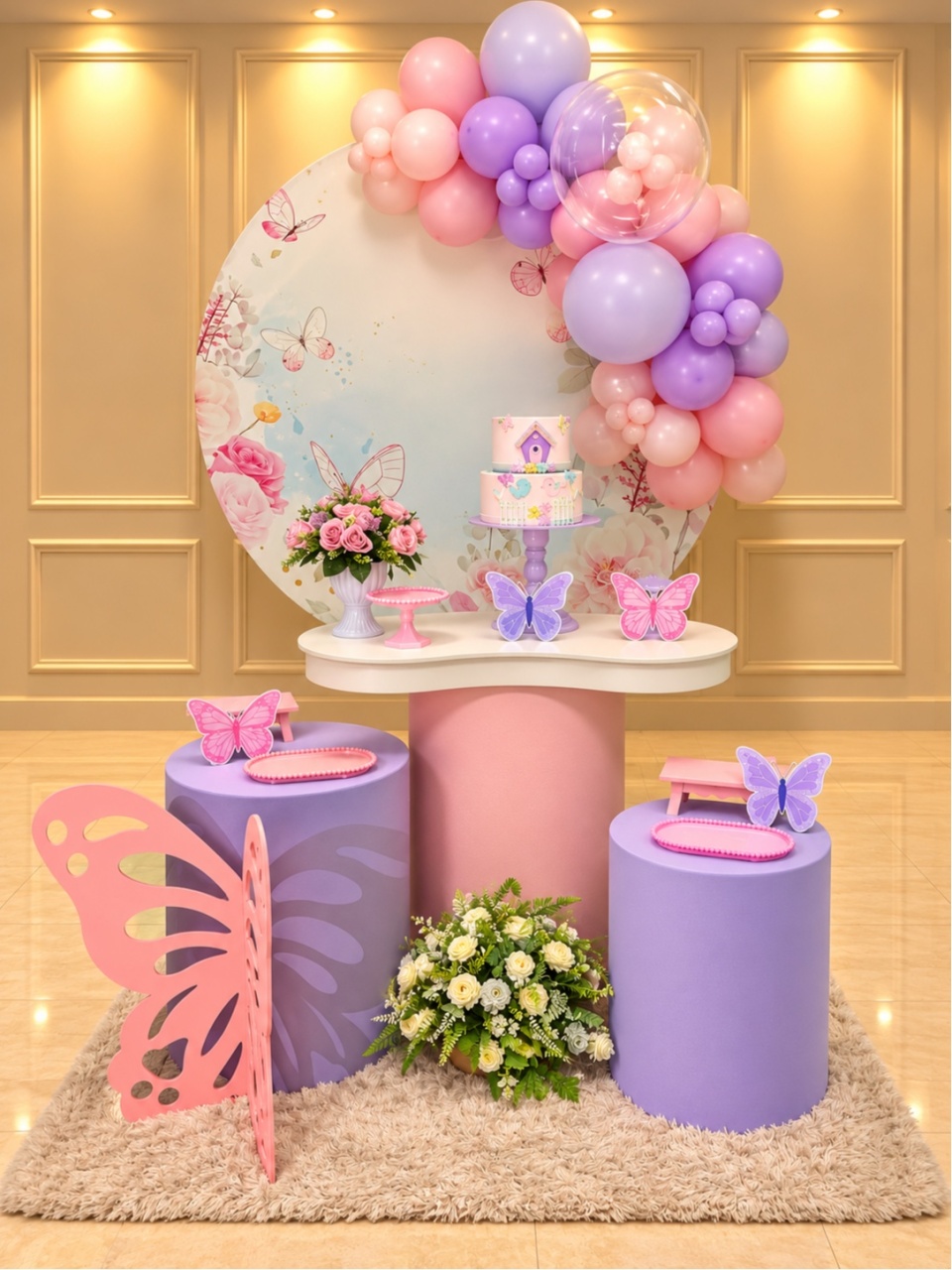 Alugue Pegue Monte Tema Para Festa Decoração Jardim das Borboletas Rosa E Lilas Tampo Orgânico - Catálogo Digital Big Day 