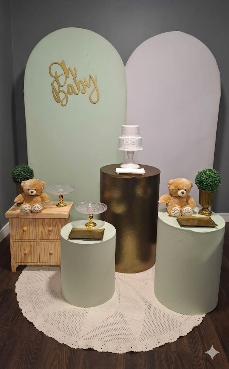 Chá de Bebê Verde, Branco E Dourado 1 - Mundo da imaginação