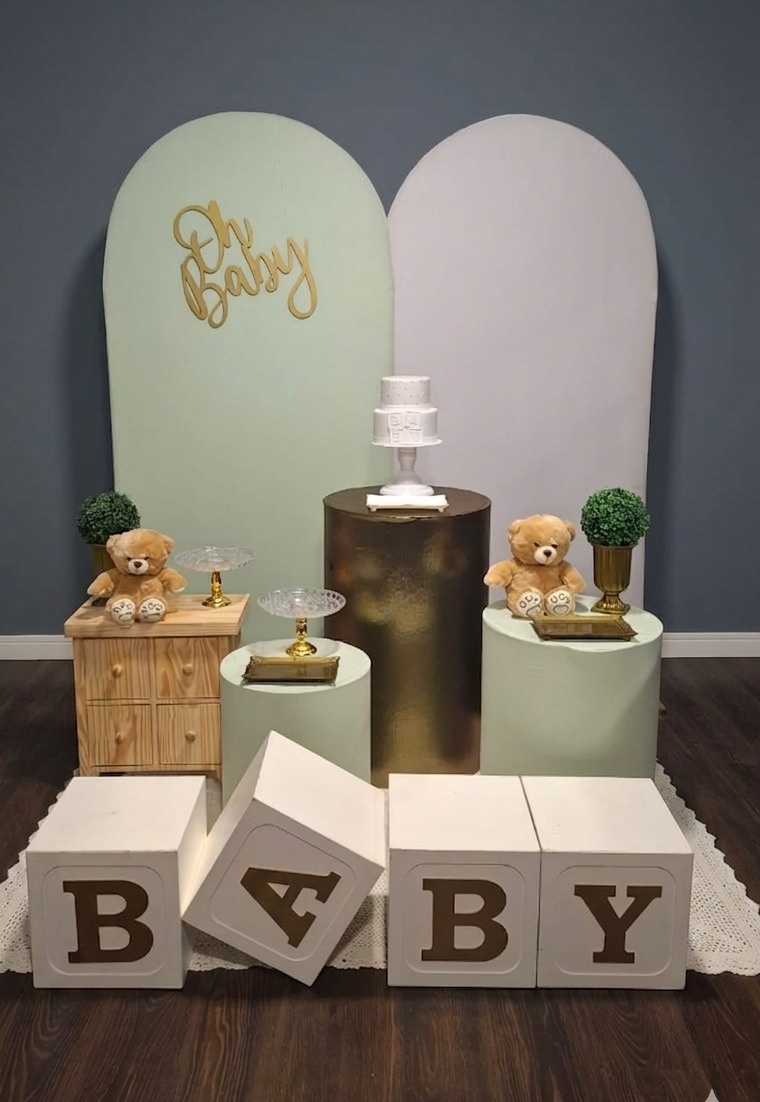 Chá de Bebê Verde, Branco E Dourado 2 - Mundo da imaginação