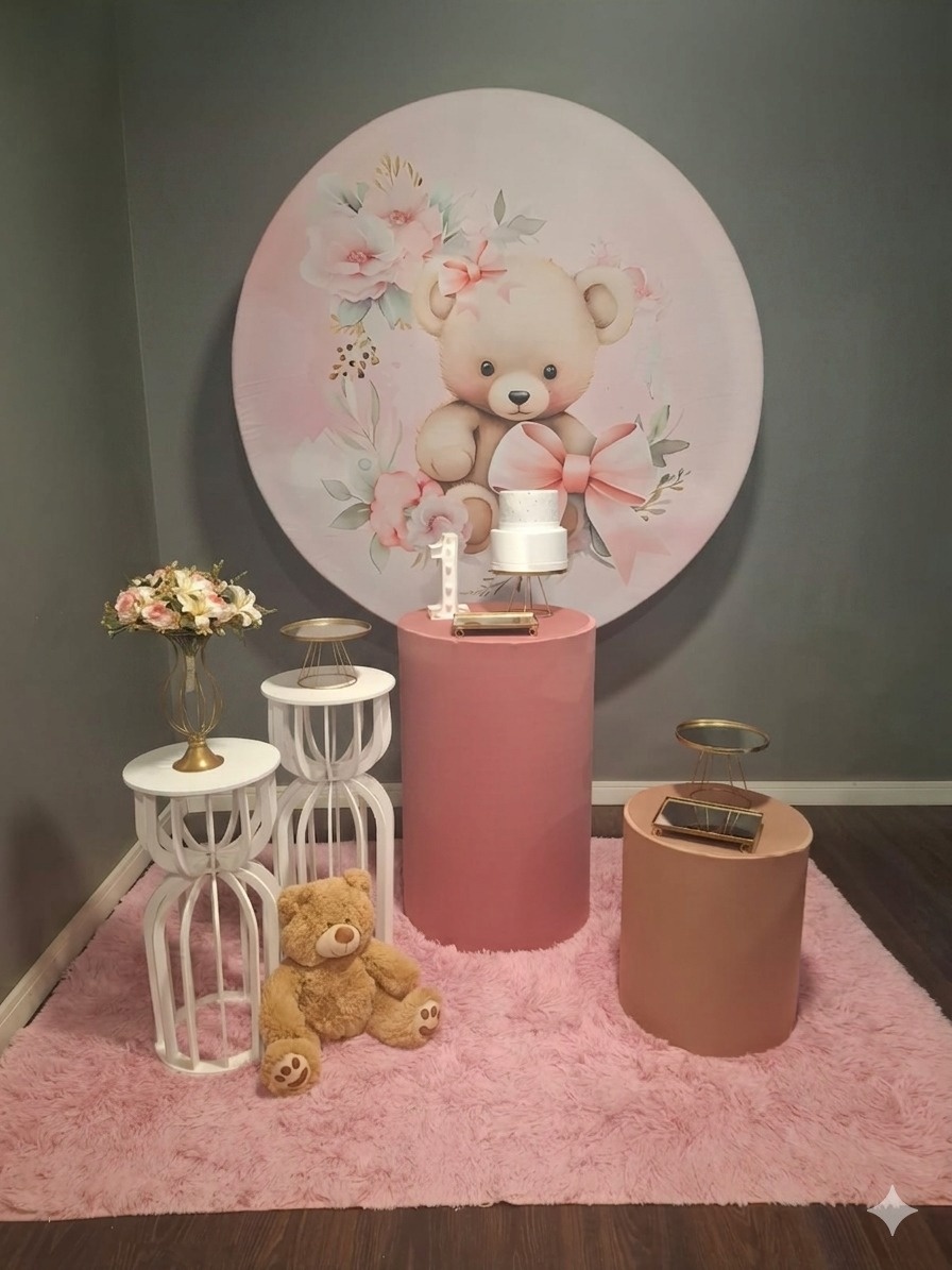 Ursa Laço Rosa Com Dourado 1 - Mundo da imaginação