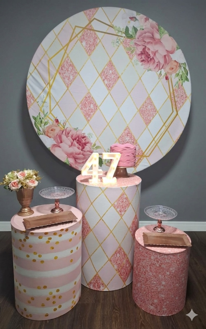  Painel Redondo Rose Gold E Rosa  - Mundo da imaginação