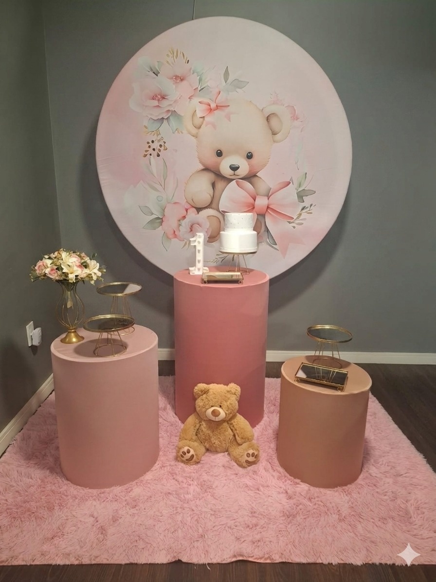 Ursa Laço Rosa Com Dourado 2 - Mundo da imaginação