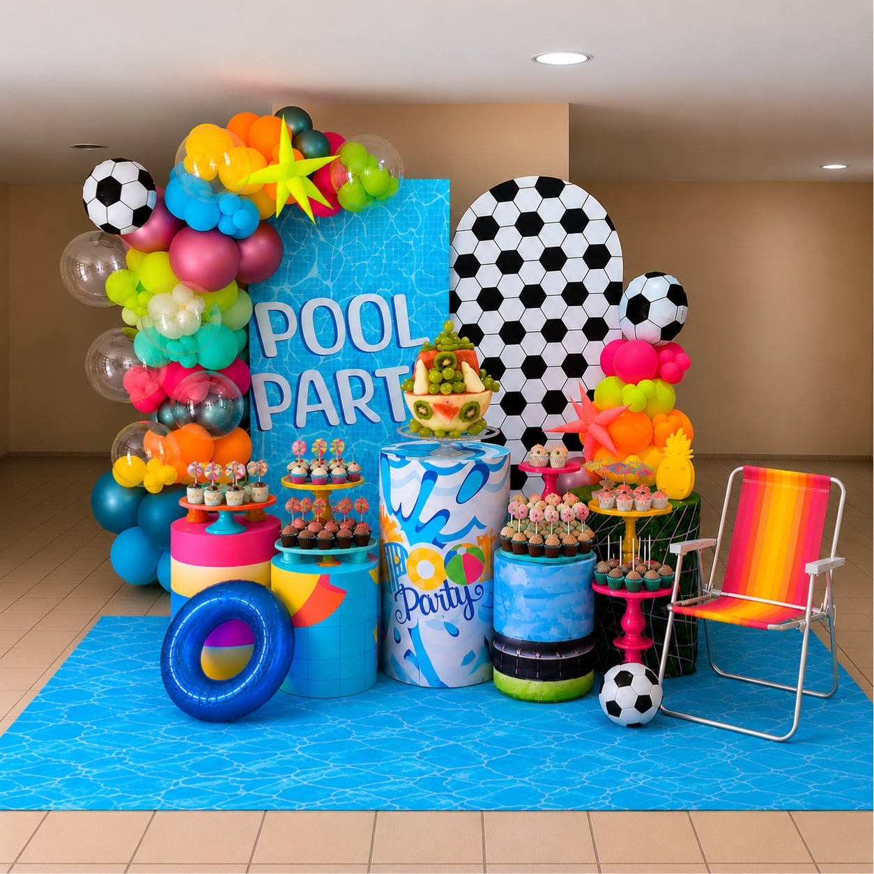Personalizada Com Montagem + Balões Unissex (Pool Party + Futebol) - BenLiz Loc e monte
