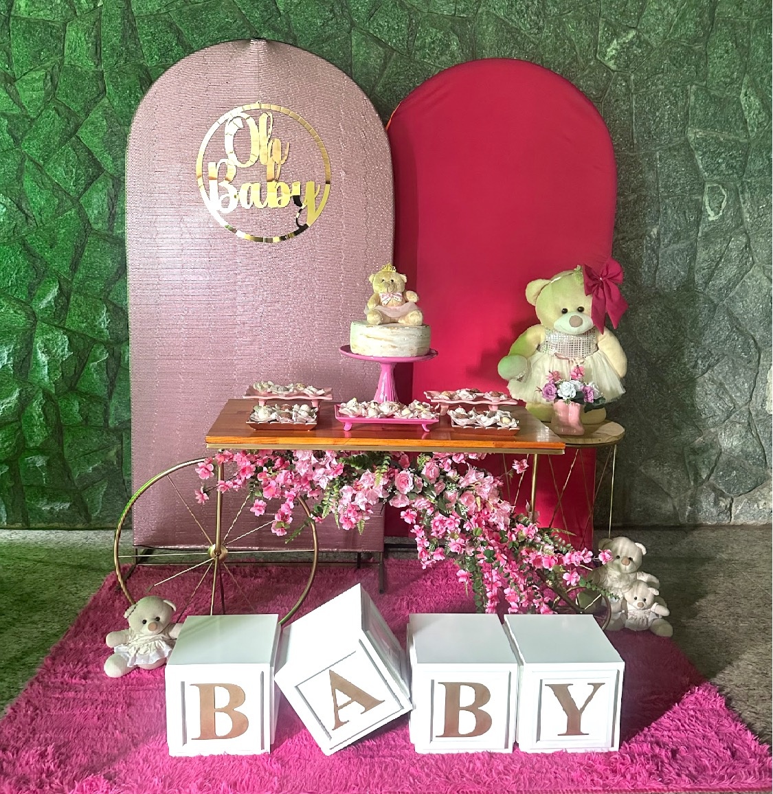 Chá de Fraldas Paetê Com Rosa - Emília Decor Festas 