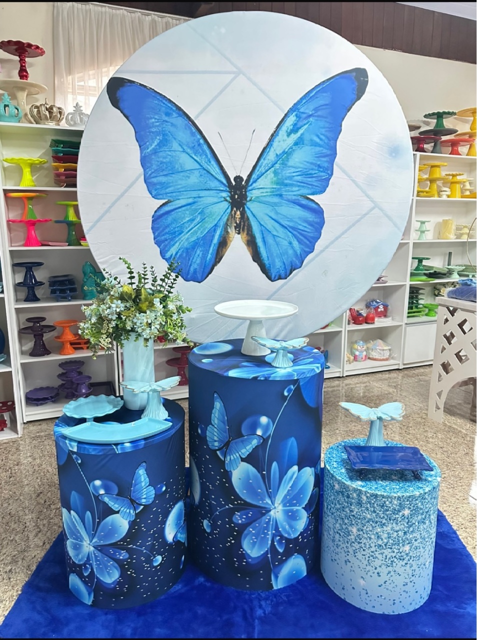 Kit Borboleta Azul Painel Redondo  - Emília Decor Festas 