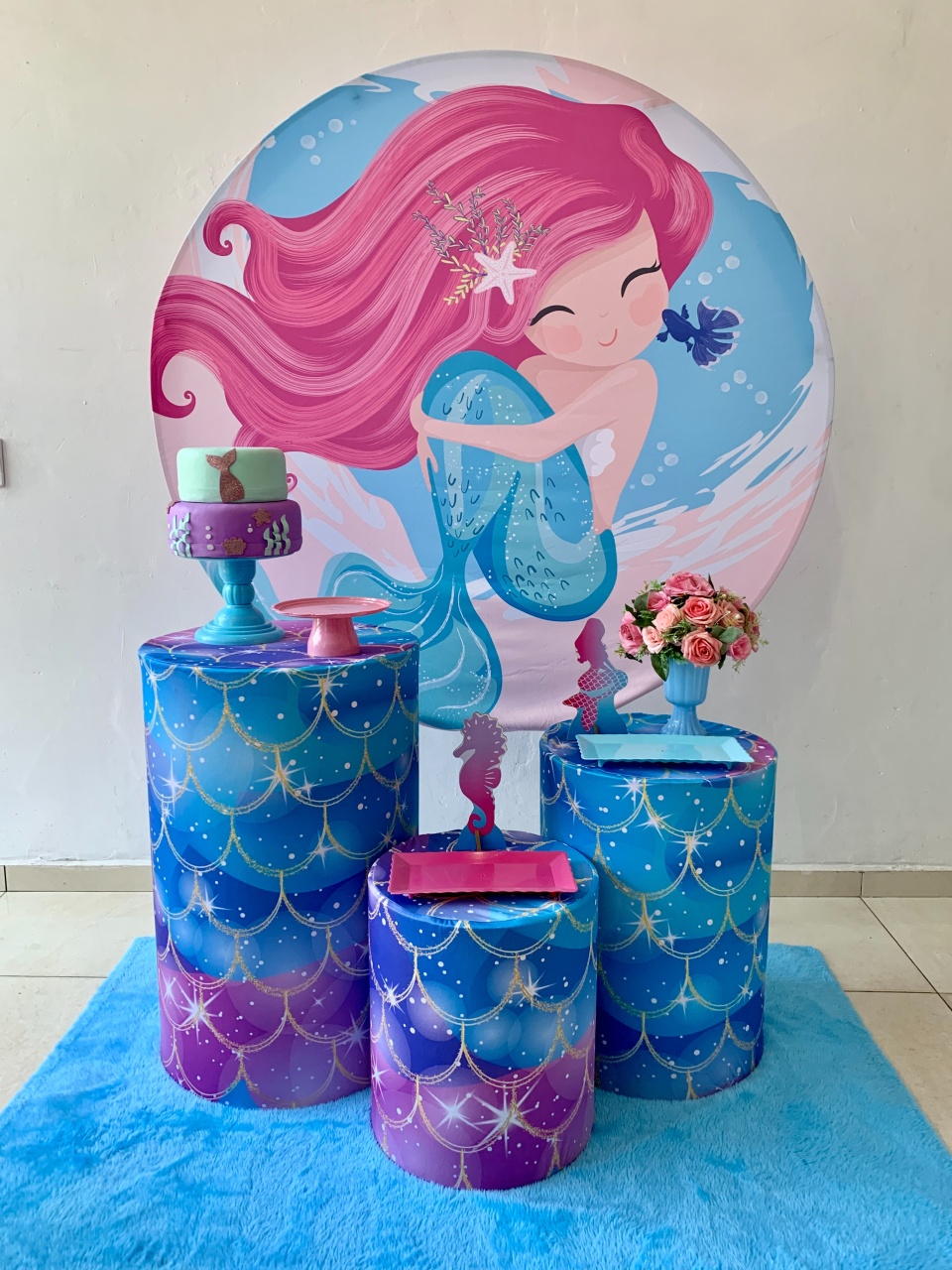 Sereia Cabelo Rosa Kit Prata  - my decoracoes de festa