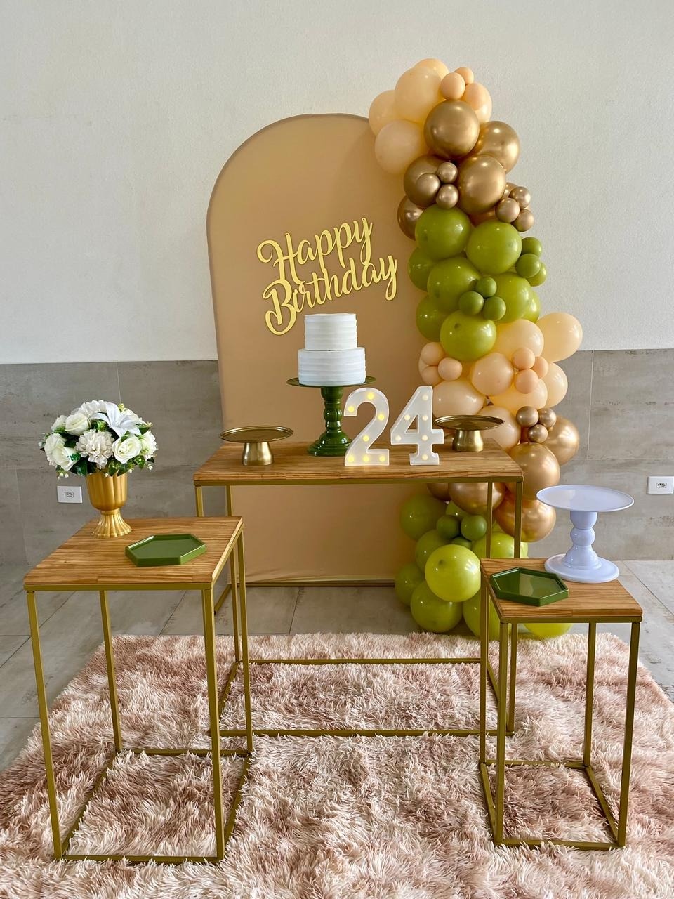 Happy Birthday Bege, Dourado E Verde Oliva - my decoracoes de festa